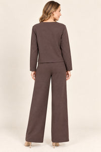 Brown Blazer Style Top & Wide Leg Trousers Co-Ord Set