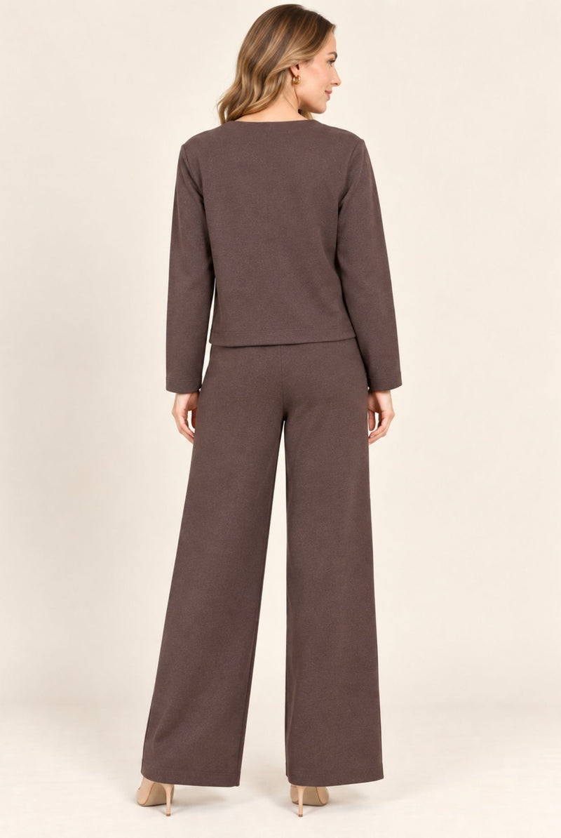 Brown Blazer Style Top & Wide Leg Trousers Co-Ord Set