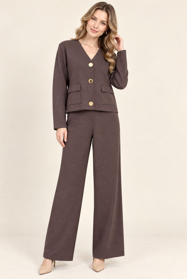 Brown Blazer Style Top & Wide Leg Trousers Co-Ord Set