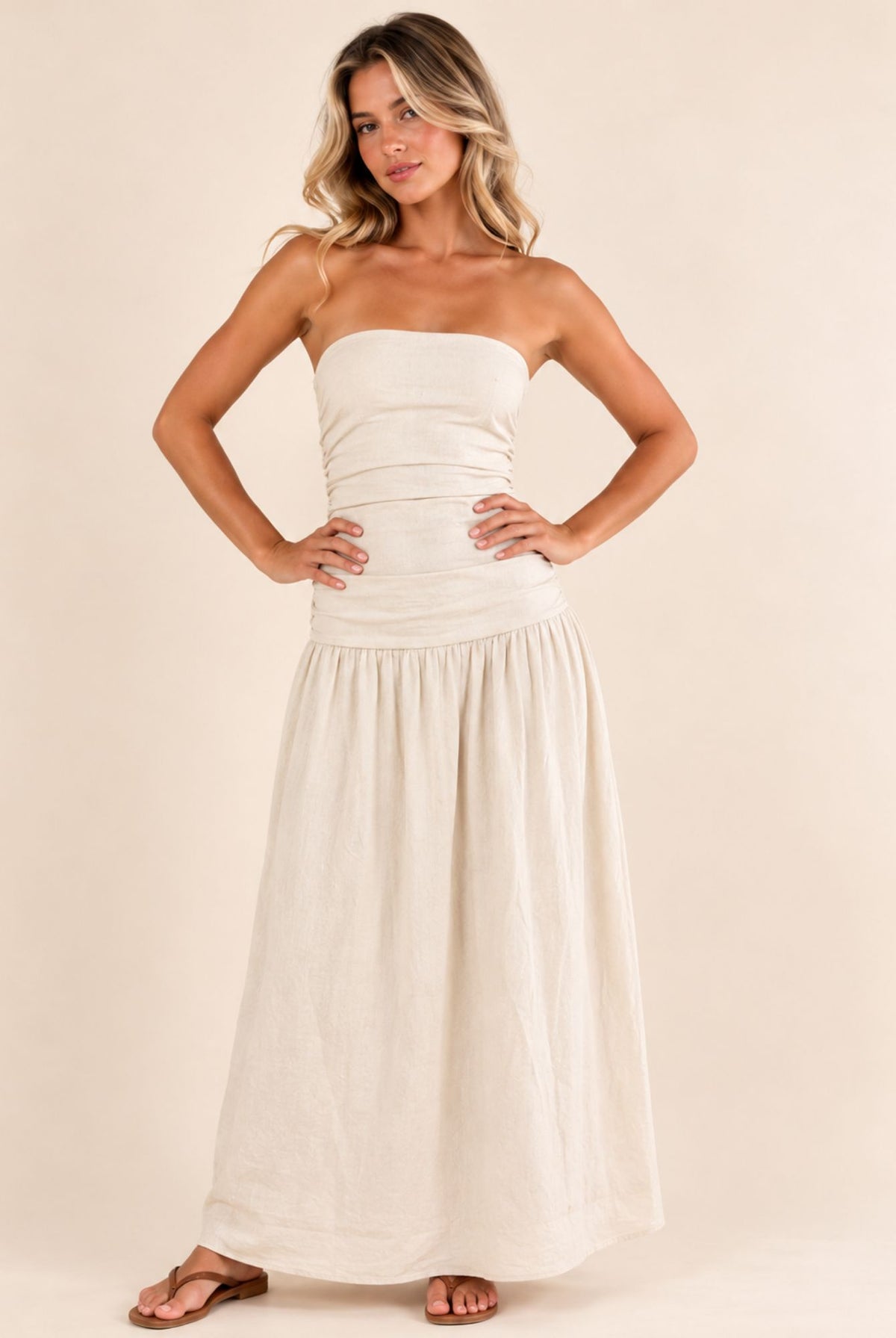 Natural Strapless Ruched Waist Maxi Dress