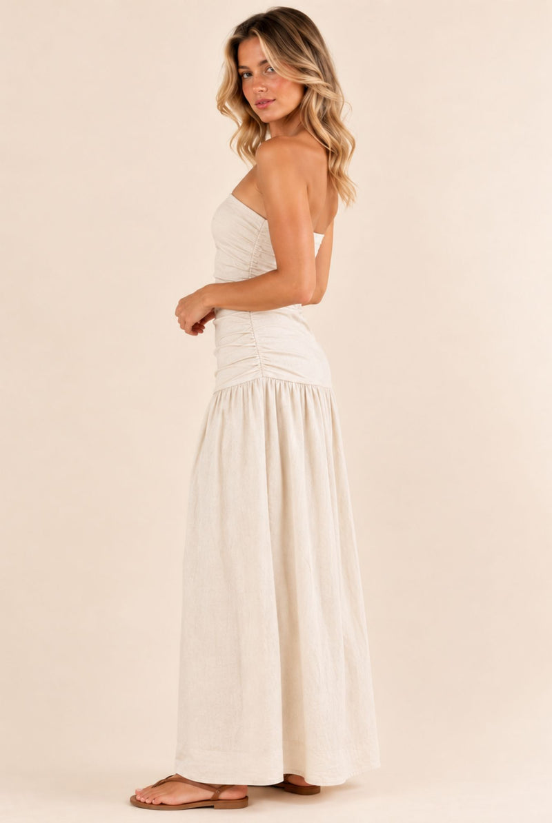 Natural Strapless Ruched Waist Maxi Dress