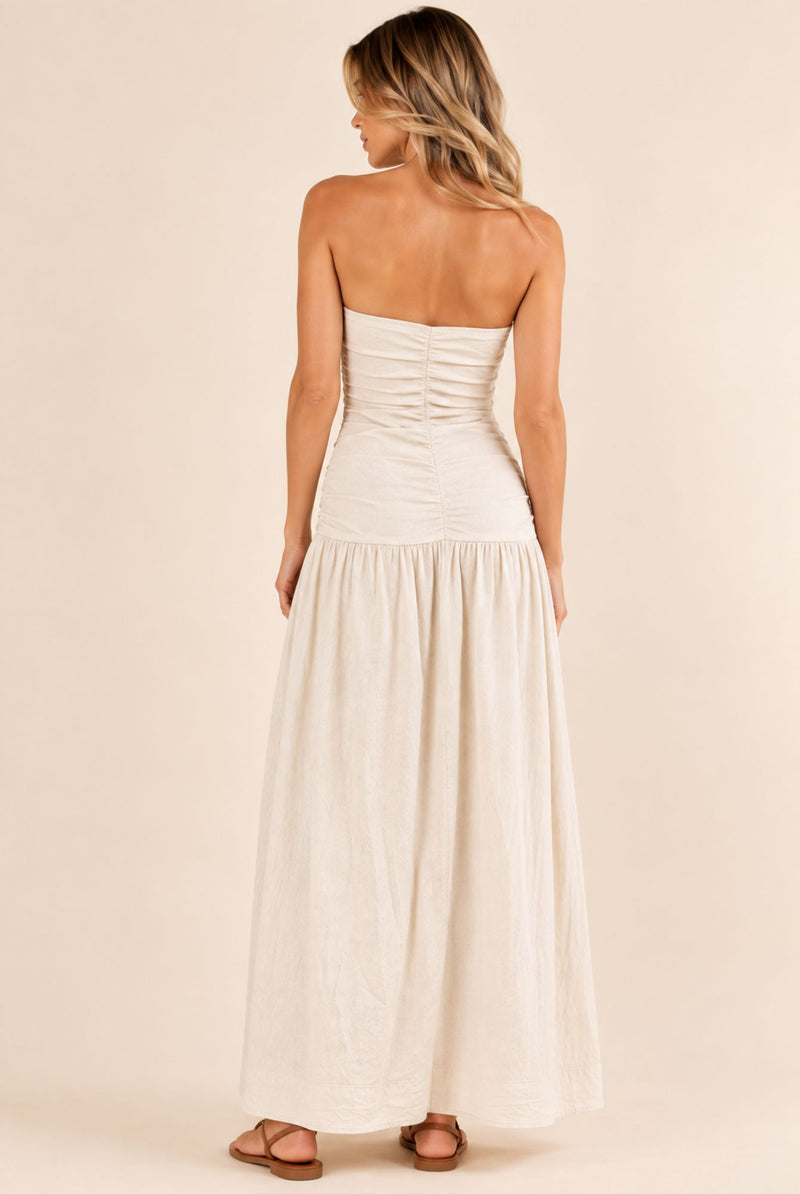 Natural Strapless Ruched Waist Maxi Dress