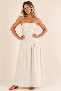 Natural Strapless Ruched Waist Maxi Dress