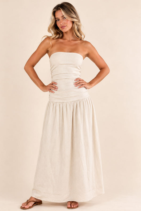 Natural Strapless Ruched Waist Maxi Dress