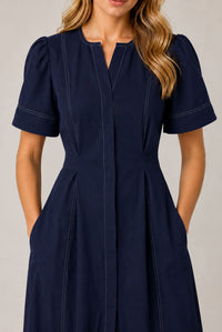 Navy Blue Contrast Stitch Gathered Sleeve Midi Dress