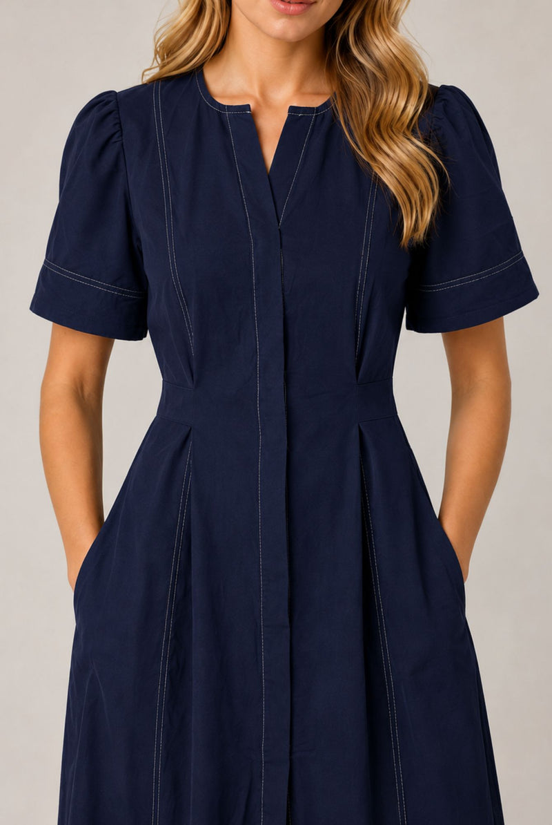 Navy Blue Contrast Stitch Gathered Sleeve Midi Dress
