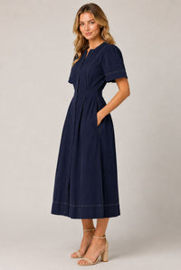 Navy Blue Contrast Stitch Gathered Sleeve Midi Dress