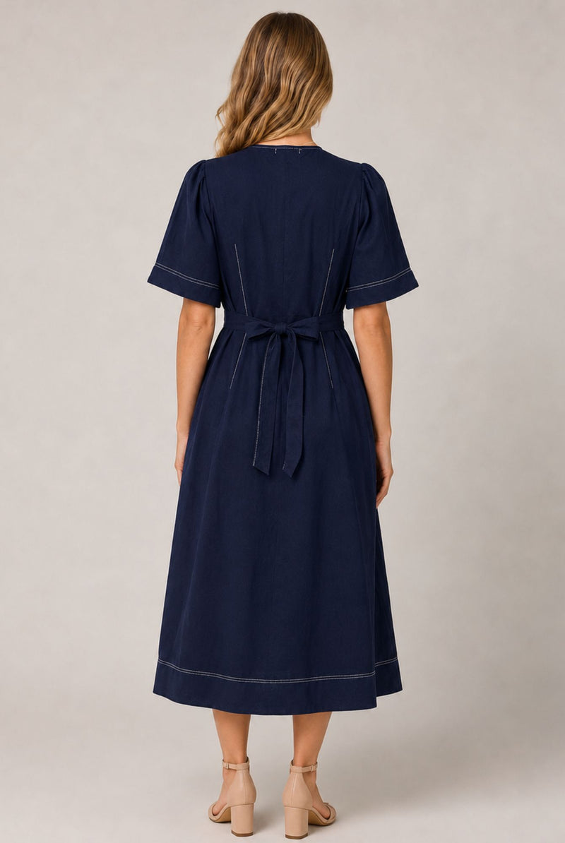Navy Blue Contrast Stitch Gathered Sleeve Midi Dress