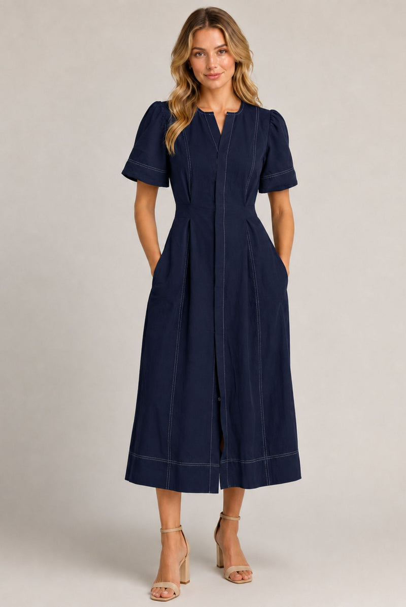 Navy Blue Contrast Stitch Gathered Sleeve Midi Dress