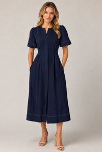 Navy Blue Contrast Stitch Gathered Sleeve Midi Dress