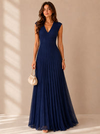 Navy Blue Pleated V-Neck Maxi Dress – Elegant Occasion Edition