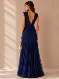 Navy Blue Pleated V-Neck Maxi Dress – Elegant Occasion Edition