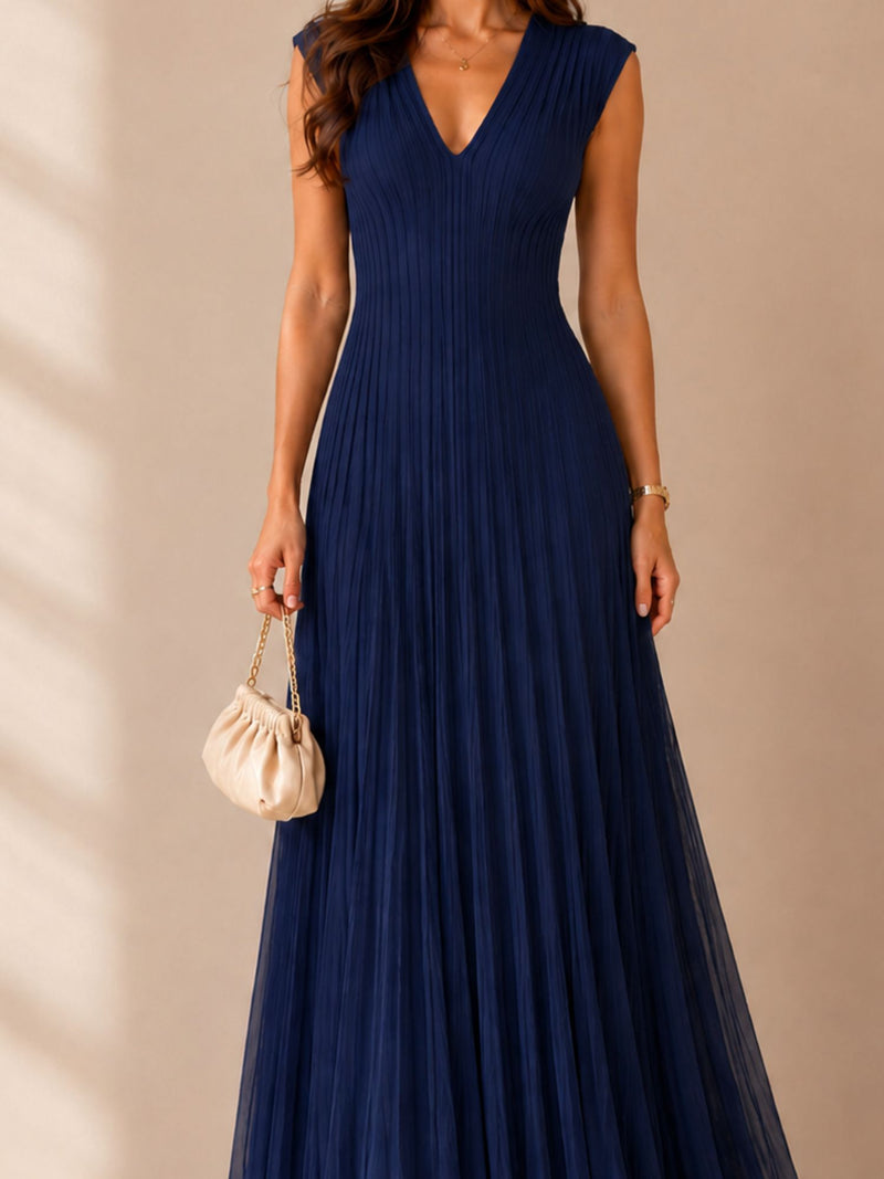 Navy Blue Pleated V-Neck Maxi Dress – Elegant Occasion Edition