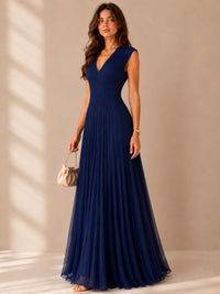 Navy Blue Pleated V-Neck Maxi Dress – Elegant Occasion Edition