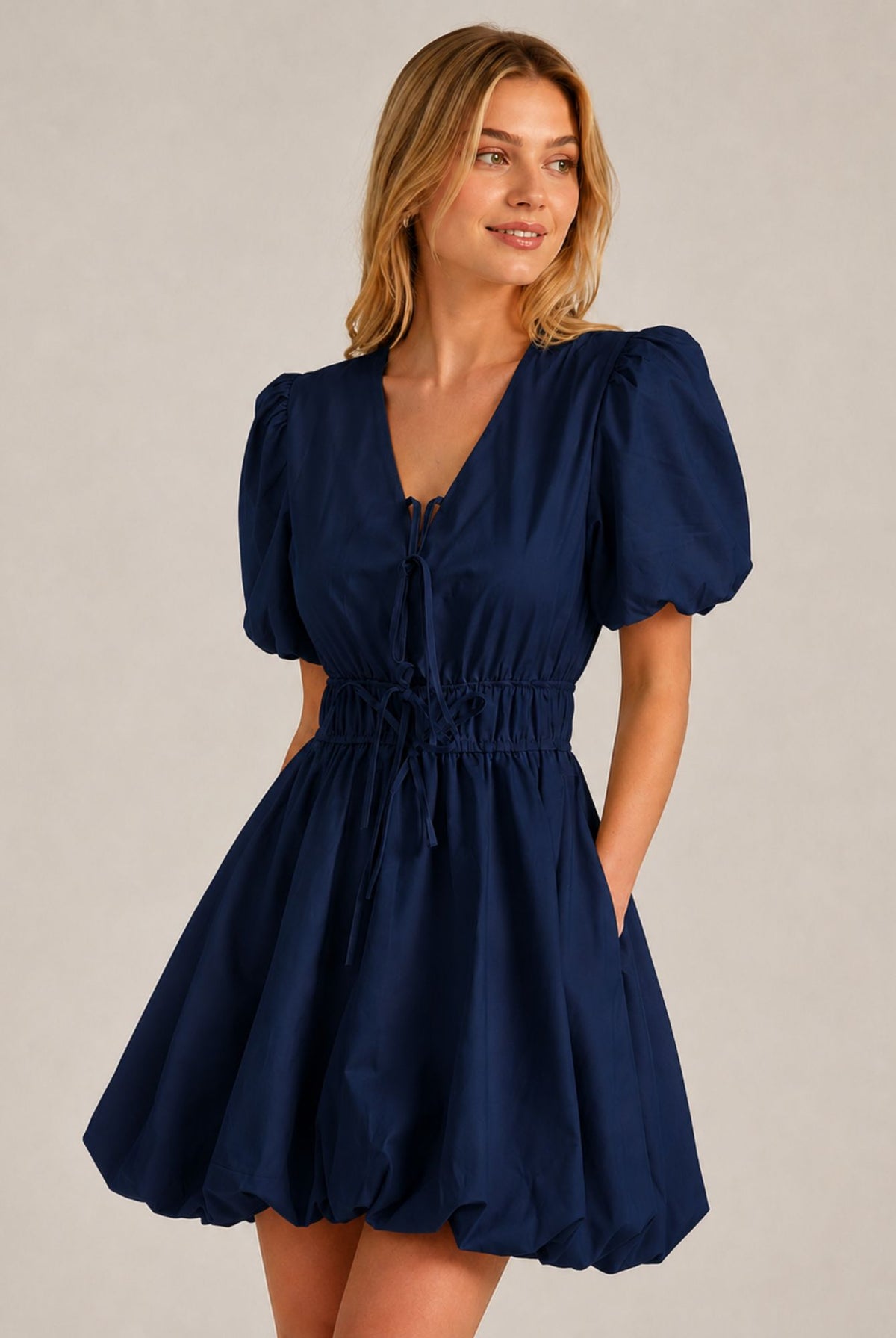 Navy Blue Puff Sleeve Tie Front Ruched Waist Mini Dress