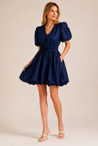 Navy Blue Puff Sleeve Tie Front Ruched Waist Mini Dress