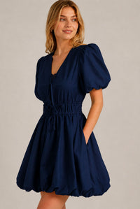 Navy Blue Puff Sleeve Tie Front Ruched Waist Mini Dress