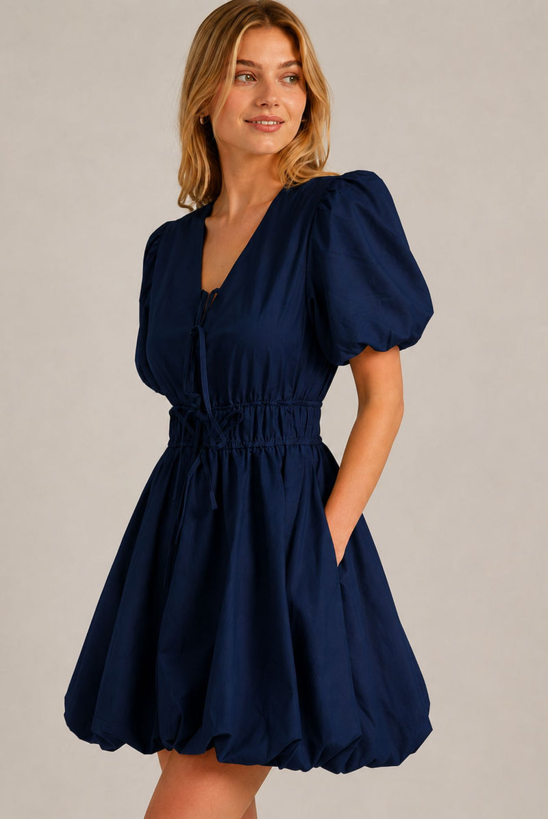 Navy Blue Puff Sleeve Tie Front Ruched Waist Mini Dress