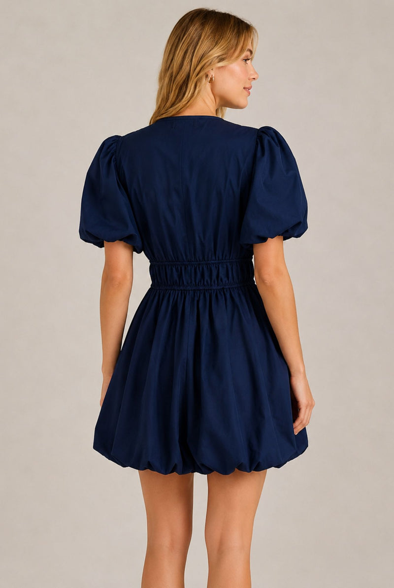 Navy Blue Puff Sleeve Tie Front Ruched Waist Mini Dress