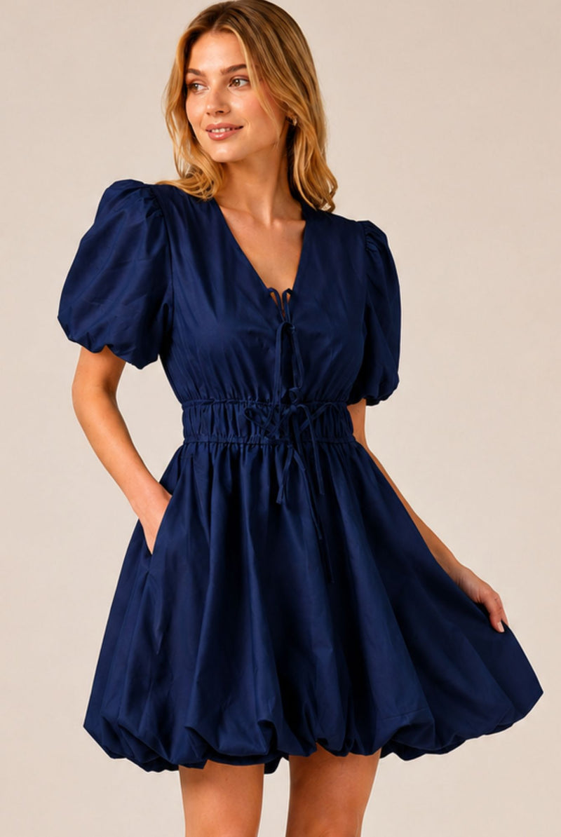 Navy Blue Puff Sleeve Tie Front Ruched Waist Mini Dress