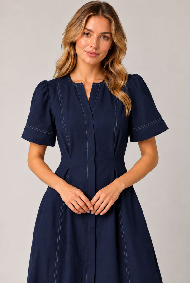 Navy Blue Contrast Stitch Gathered Sleeve Midi Dress