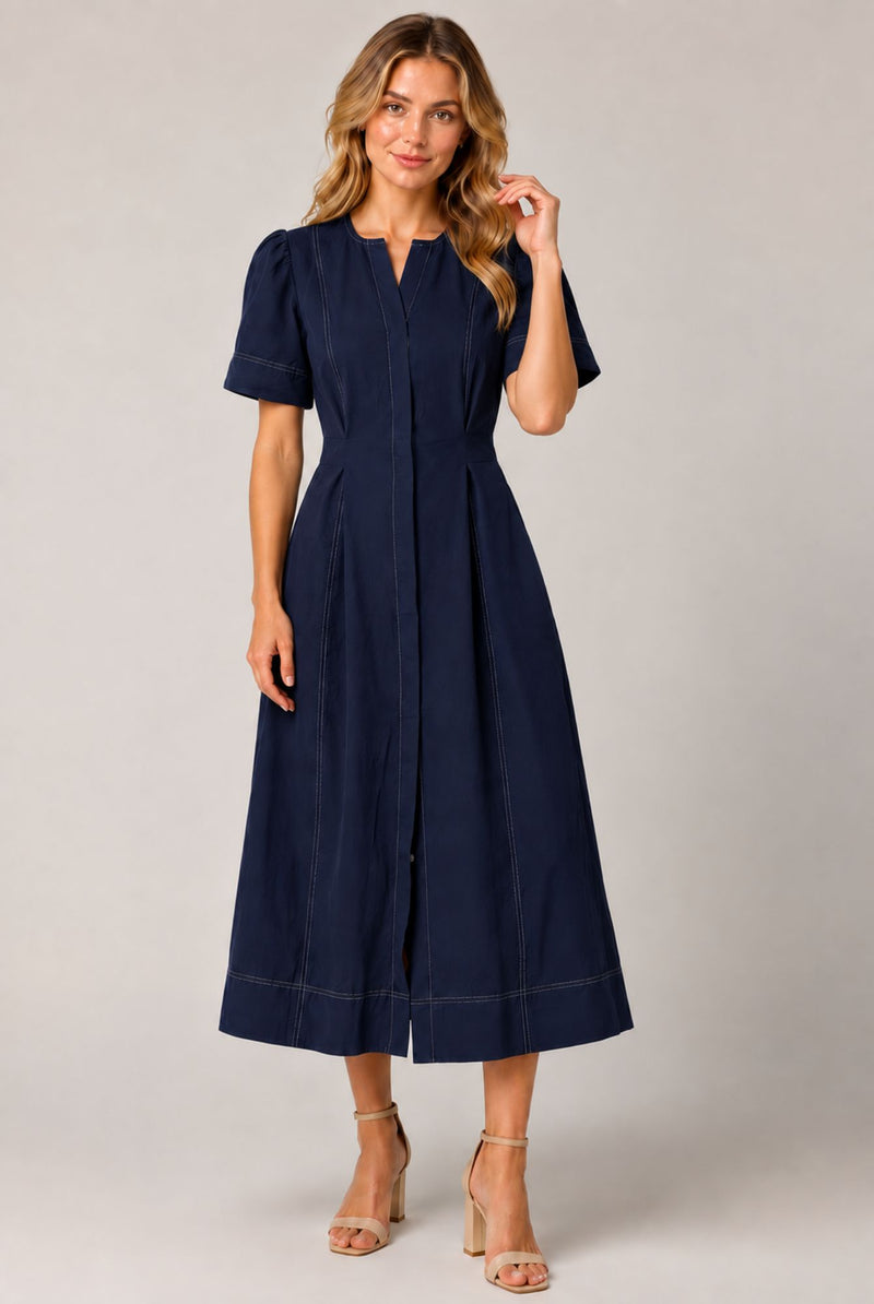 Navy Blue Contrast Stitch Gathered Sleeve Midi Dress