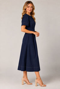 Navy Blue Contrast Stitch Gathered Sleeve Midi Dress