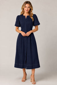 Navy Blue Contrast Stitch Gathered Sleeve Midi Dress