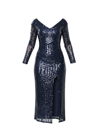Navy Glitter Sequin Maxi Dress With Long Sleeves And Front Split