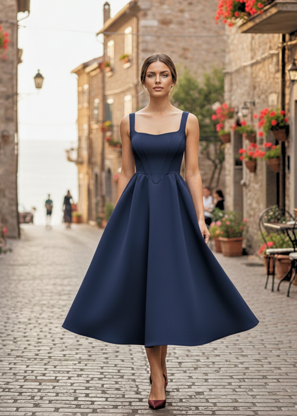 Navy Square Neck Corset Fit & Flared Midi Dress
