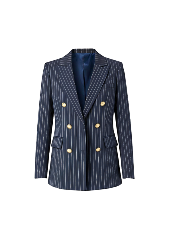 Navy Stripped Pinstripe Tailored Blazer with Gold Toned Hammered Round Buttons