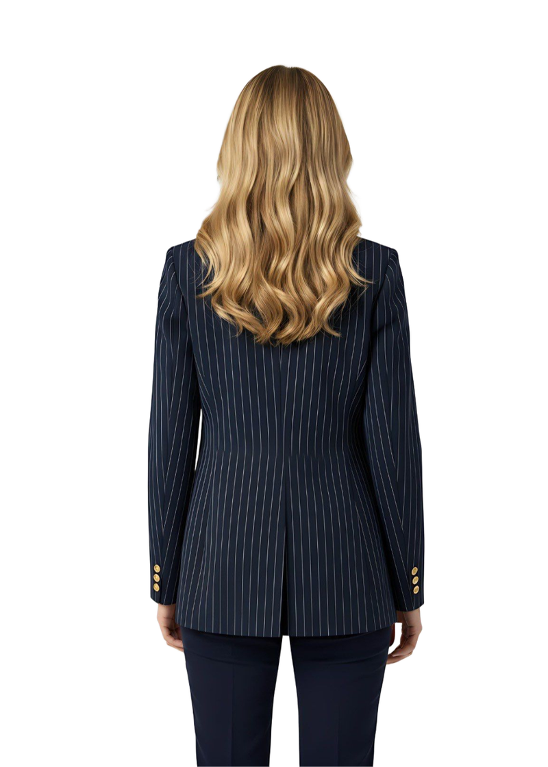 Navy Pinstripe Tailored Blazer with Gold Toned Hammered Round Buttons