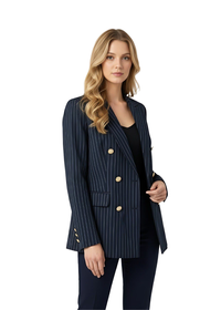 Navy Pinstripe Tailored Blazer with Gold Toned Hammered Round Buttons