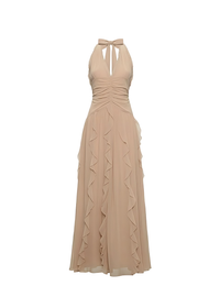 Nude Halter Neck Chiffon Ruffle Flowy Maxi Dress