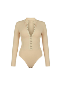 Nude High Neck Long Sleeve Hook and Eye Bodysuit