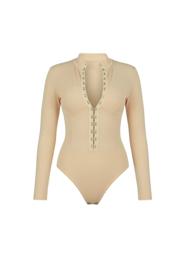 Nude High Neck Long Sleeve Hook and Eye Bodysuit