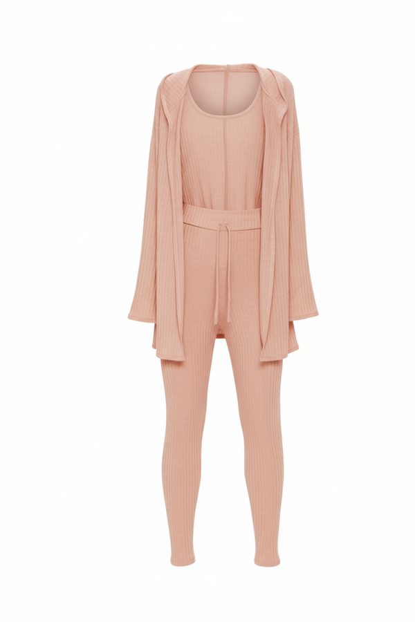 Nude Ribbed Loungewear Set with Hoodie Cardigan and Leggings
