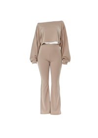 Nude Ribbed Two-Piece Off-the-Shoulder Crop Top Wide Leg Trouser Set