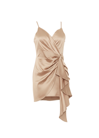 Nude Satin Wrap Spaghetti Strap Ruched Waist Mini Dress