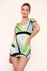 Colorful Print Short Sleeve Square Neck Cinched Waist mini dress