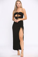 Slinky Sleeveless Bralet Cut-Out High Ruched Slit Maxi Dress