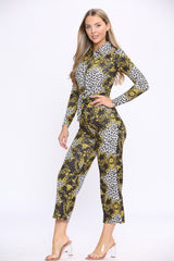 Wide Leg Fit Statement Chain Print Long Sleeve Jumpsuit