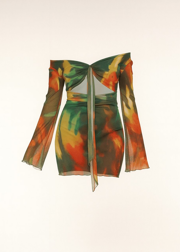 Avinci sheer off shoulder tie front mini dress front view