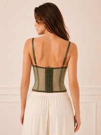 Olive Green Lace Mesh Corset Top With Adjustable Straps