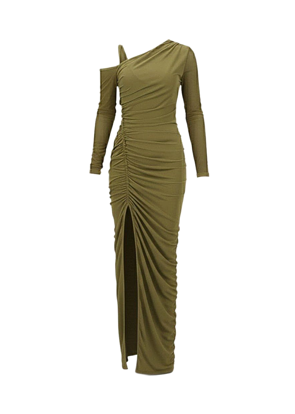 Olive Green Ruched One Shoulder High Slit Maxi Dress