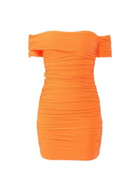 Neon Orange Ruched Bardot Bodycon Mini Dress