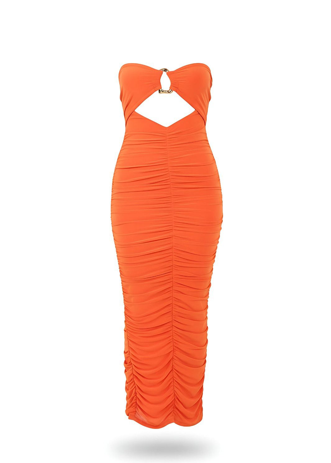Orange Ruched Bodycon Fit Slinky Bandeau Midi Dress