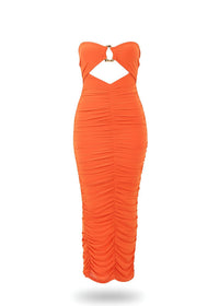 Orange Ruched Bodycon Fit Slinky Bandeau Midi Dress