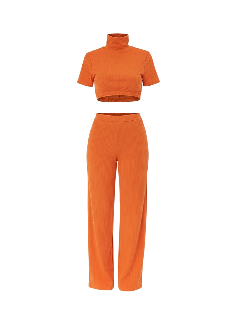Orange Wide-Leg Trousers Co-Ord Set High Neck Short Sleeve T-Shirt