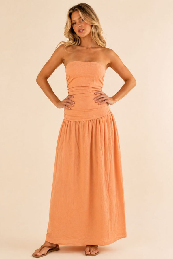 Peach Strapless Ruched Waist Maxi Dress